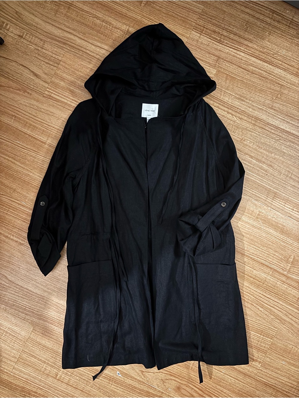 Love Tree Black Hooded Open-Front Light Weight Jacket